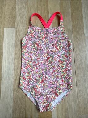 Mini Boden Floral One-Piece Swimsuit with Neon Pink Straps